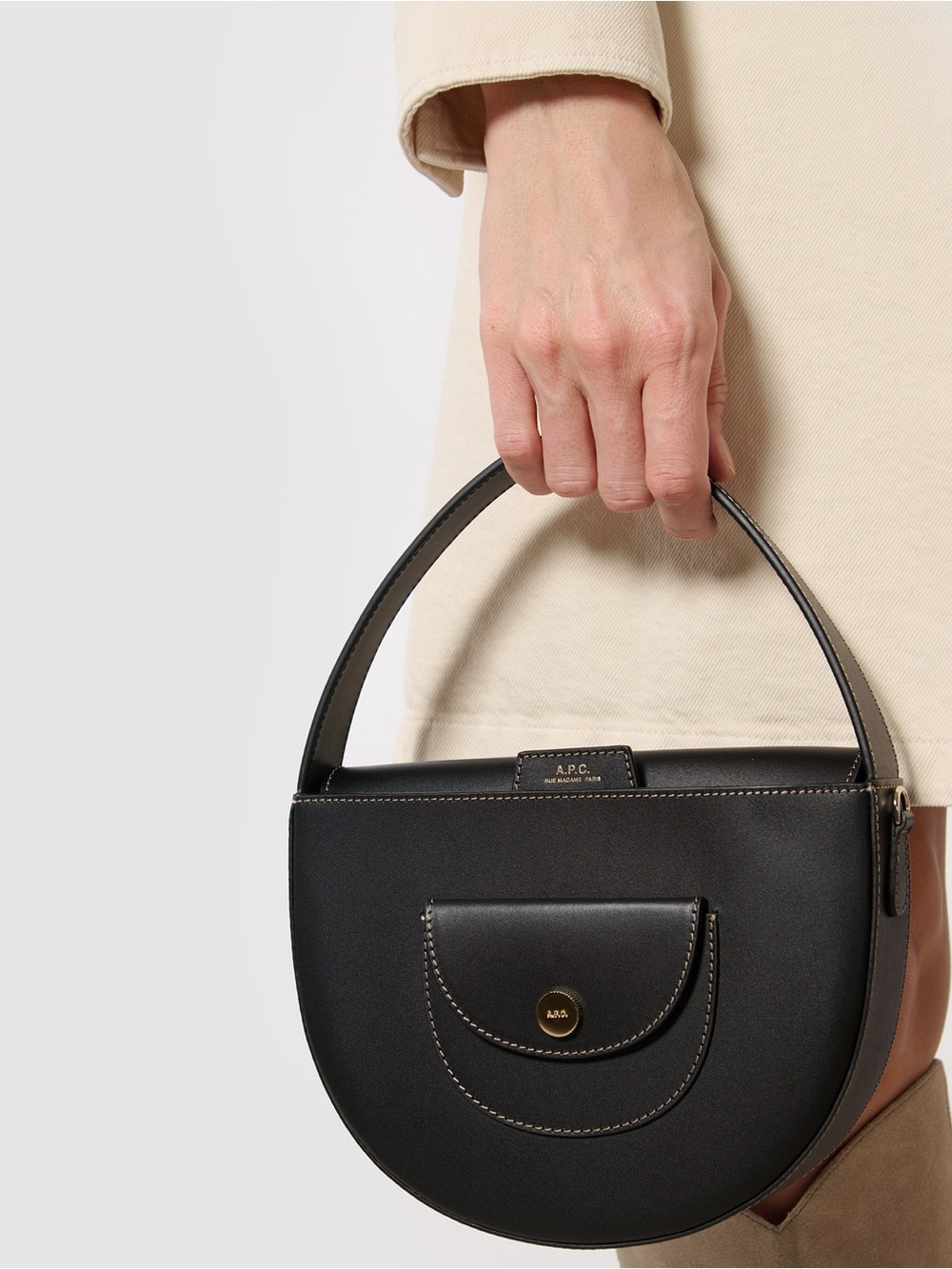A.P.C. Pocket Small Black Leather Top Handle / Crossbody Bag